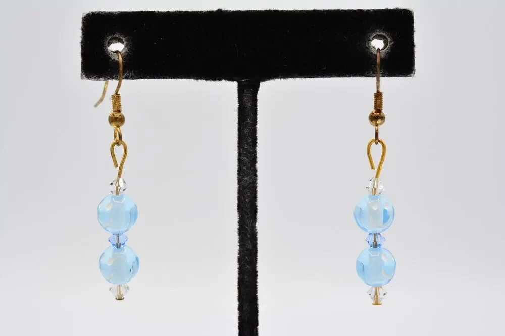 Dangle Beaded Earrings Sky Blue Happy Face Crystal Drop Round 1990s BinAA